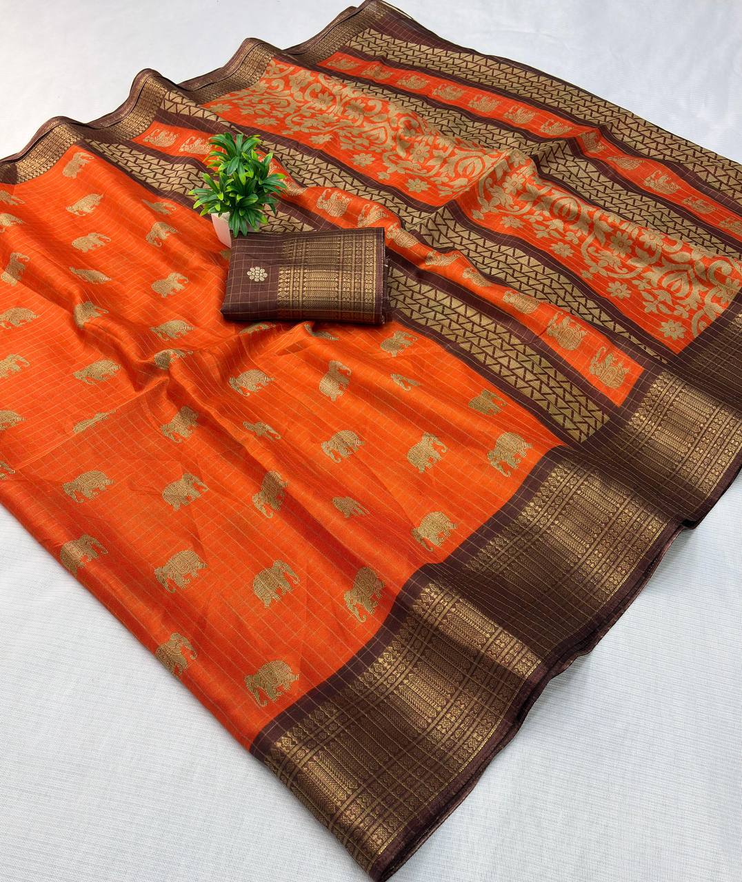 Scrumptious Orange Banarasi Dola Silk Saree With Glowing Blouse Piece