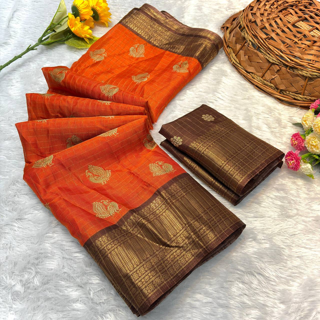 Assemblage Orange Banarasi Dola Silk Saree With Seraphic Blouse Piece