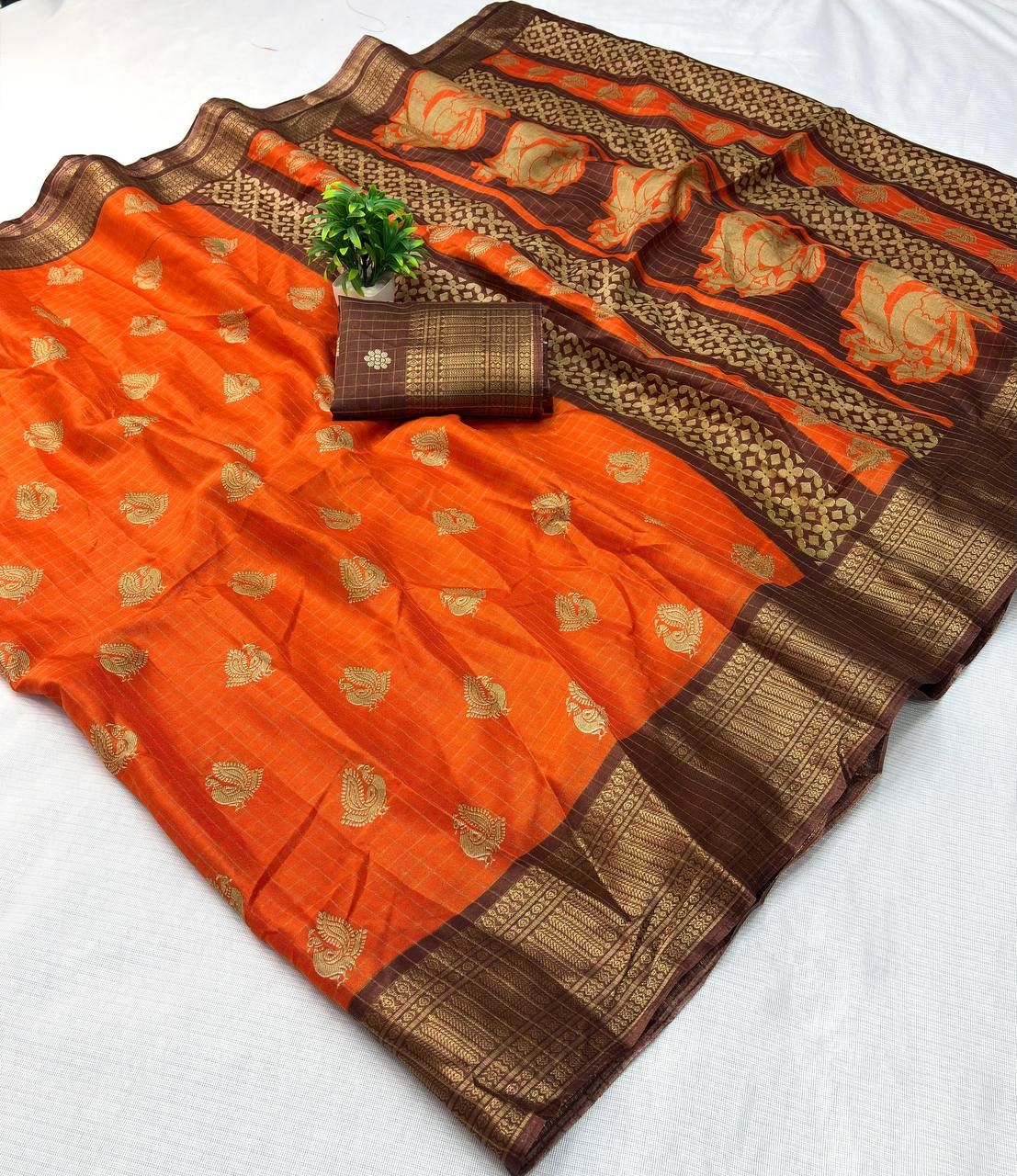 Assemblage Orange Banarasi Dola Silk Saree With Seraphic Blouse Piece