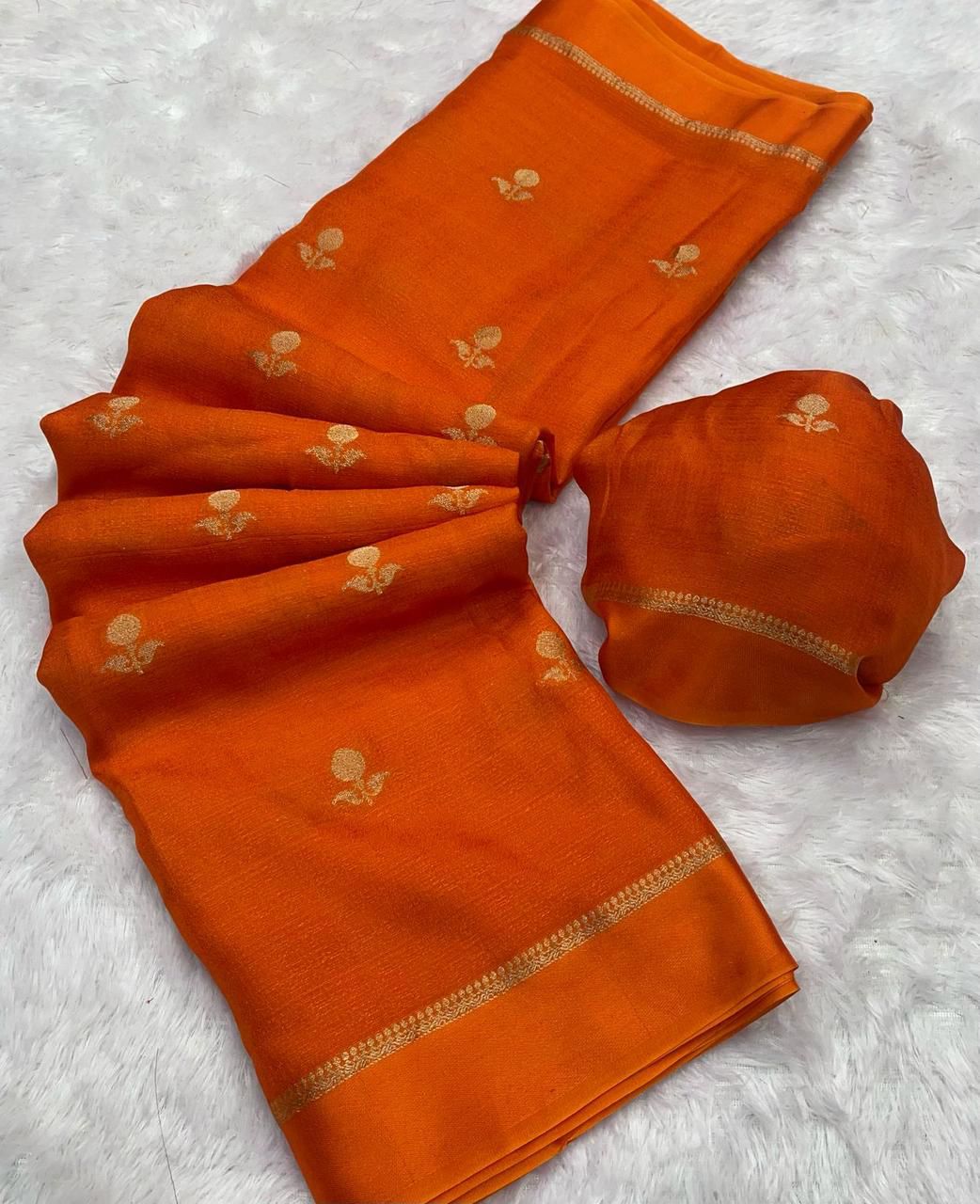 Desirable Orange Banarasi Khadi Silk Saree With Desiring Blouse Piece