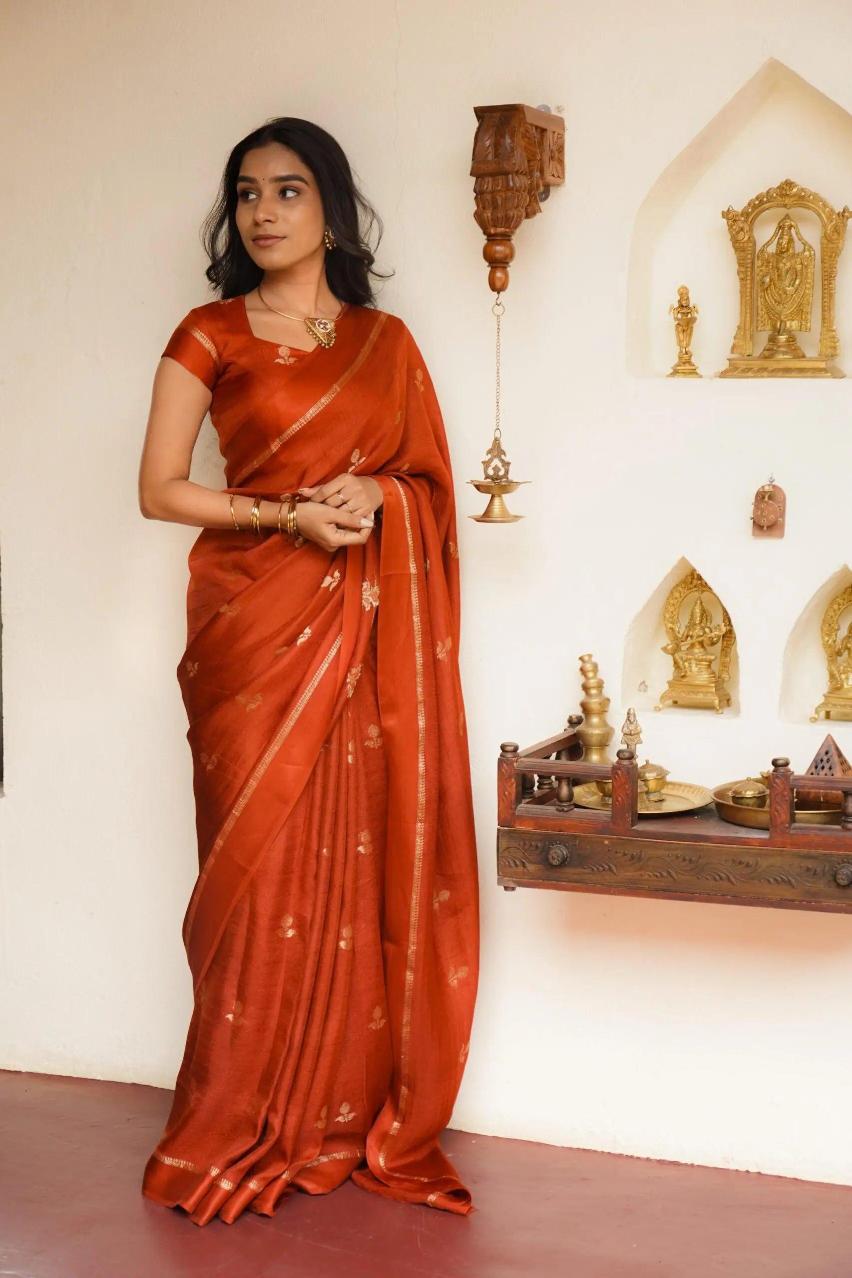 Desirable Orange Banarasi Khadi Silk Saree With Desiring Blouse Piece