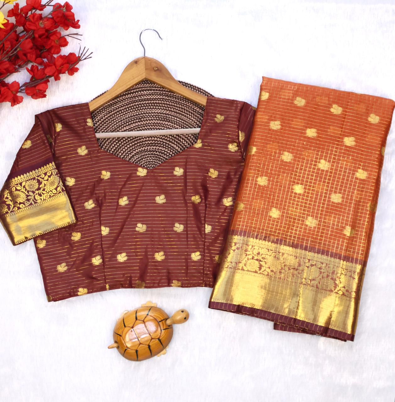 Entrancing Orange Banarasi Tissue Silk Saree With Ephemeral Blouse Piece