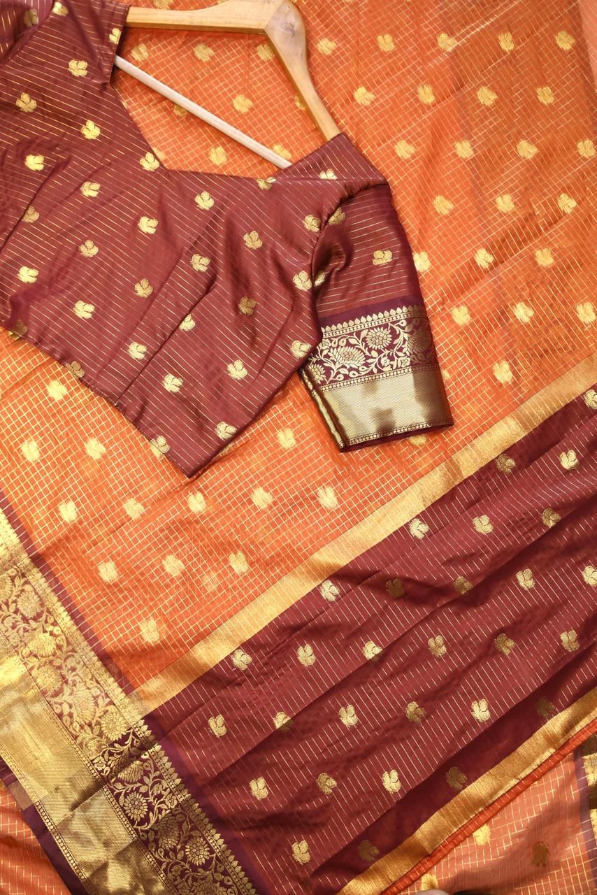 Entrancing Orange Banarasi Tissue Silk Saree With Ephemeral Blouse Piece