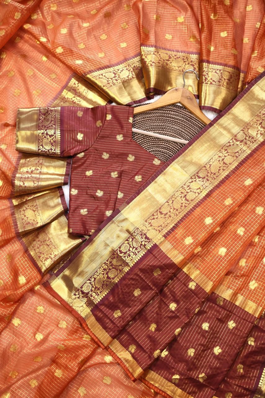 Entrancing Orange Banarasi Tissue Silk Saree With Ephemeral Blouse Piece