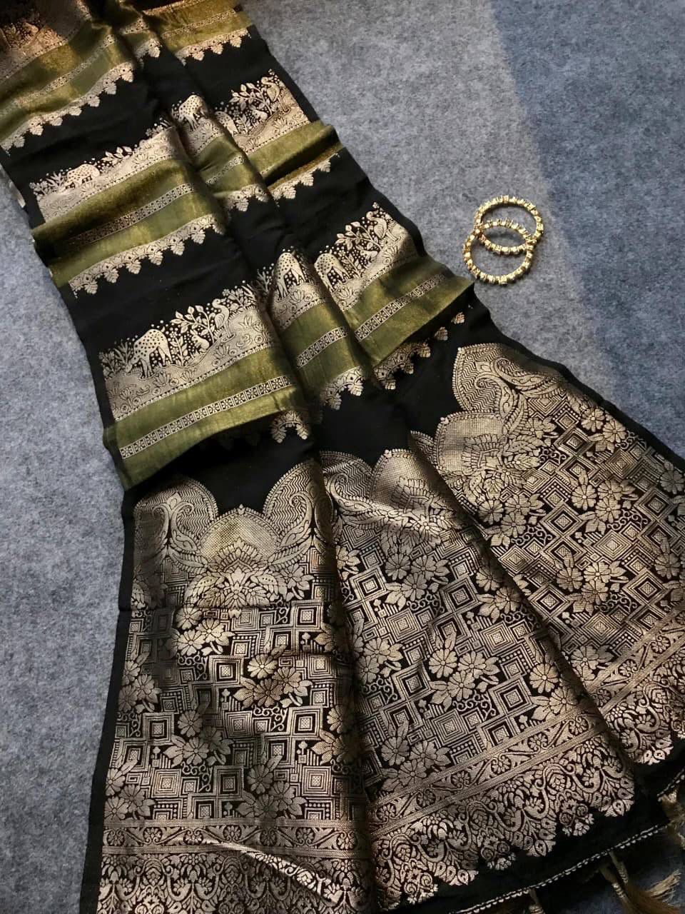 Forbearance Black Banarasi Dola Silk Saree With Girlish Blouse Piece