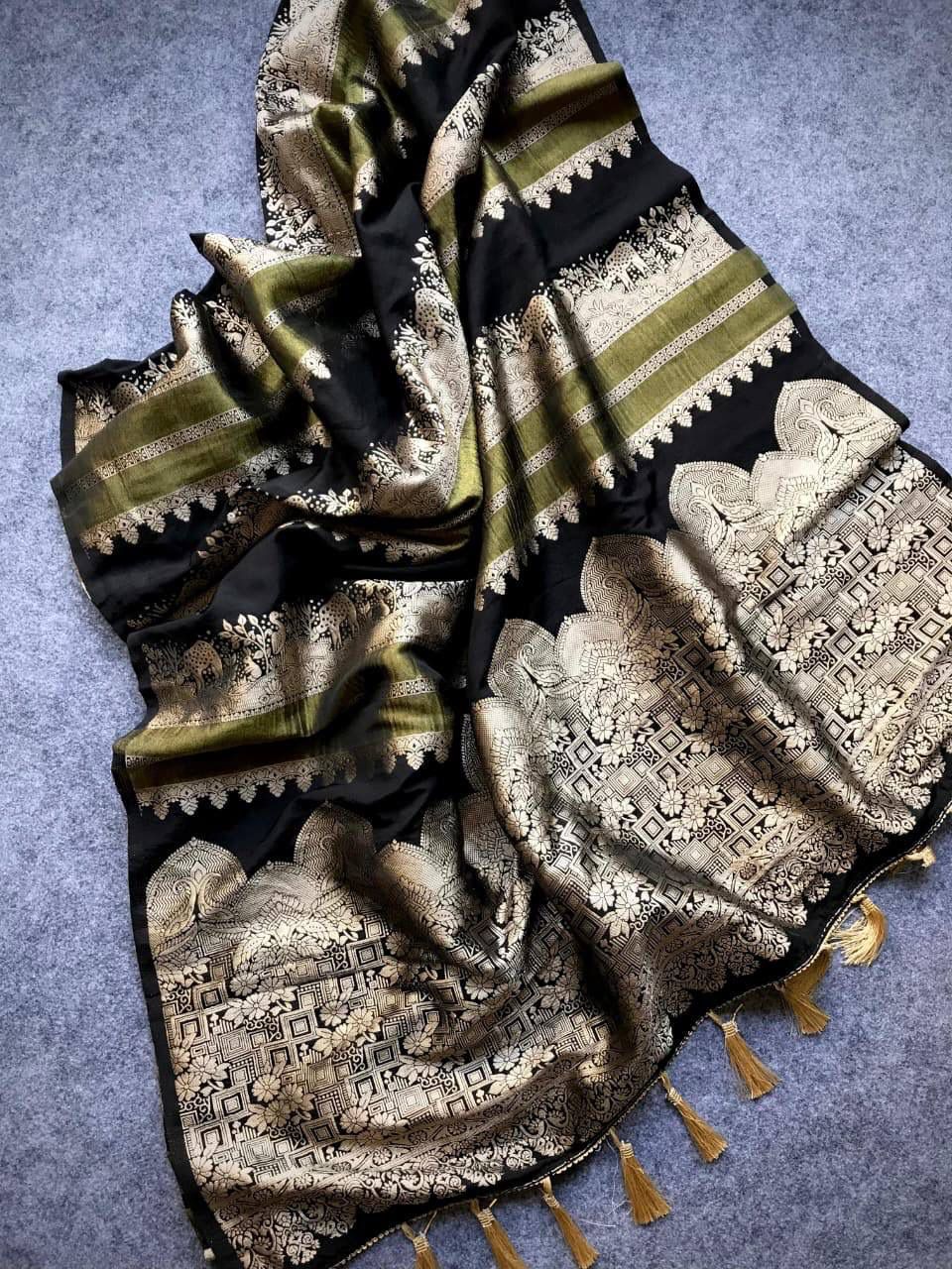 Forbearance Black Banarasi Dola Silk Saree With Girlish Blouse Piece