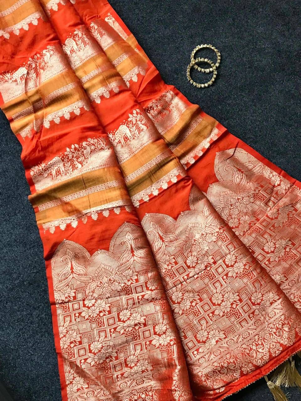 Nebula Orange Banarasi Dola Silk Saree With Precious Blouse Piece