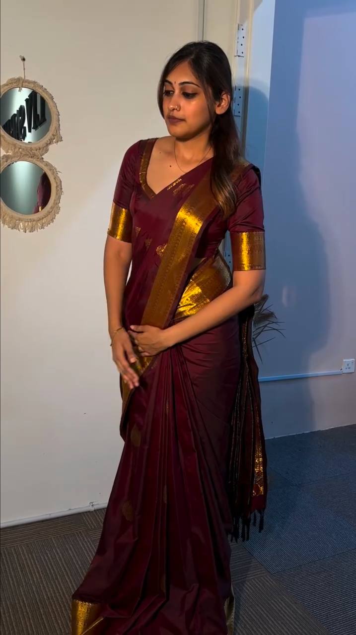 Woebegone Maroon Soft Silk Saree With Ephemeral Blouse Piece