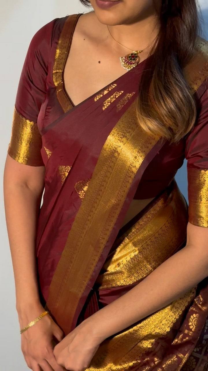 Woebegone Maroon Soft Silk Saree With Ephemeral Blouse Piece