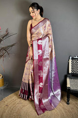 Enticing Beige Kanjivaram Silk Saree With Demanding Blouse Piece