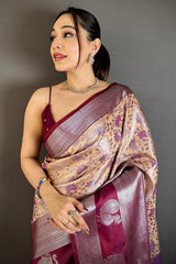 Enticing Beige Kanjivaram Silk Saree With Demanding Blouse Piece