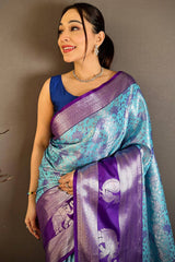 Bucolic Firozi Kanjivaram Silk Saree With Evanescent Blouse Piece