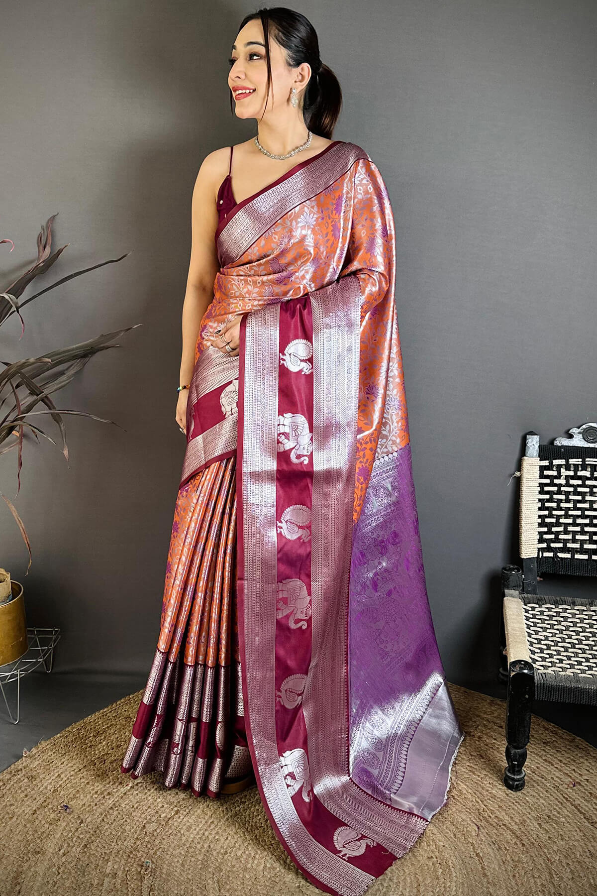 Beauteous Orange Kanjivaram Silk Saree With Scrumptious Blouse Piece