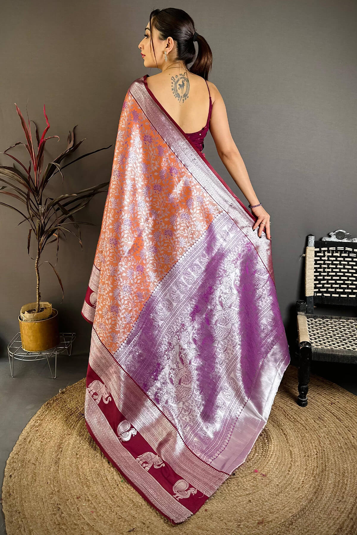 Beauteous Orange Kanjivaram Silk Saree With Scrumptious Blouse Piece