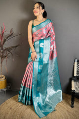 Lagniappe Peach Kanjivaram Silk Saree With Piquant Blouse Piece