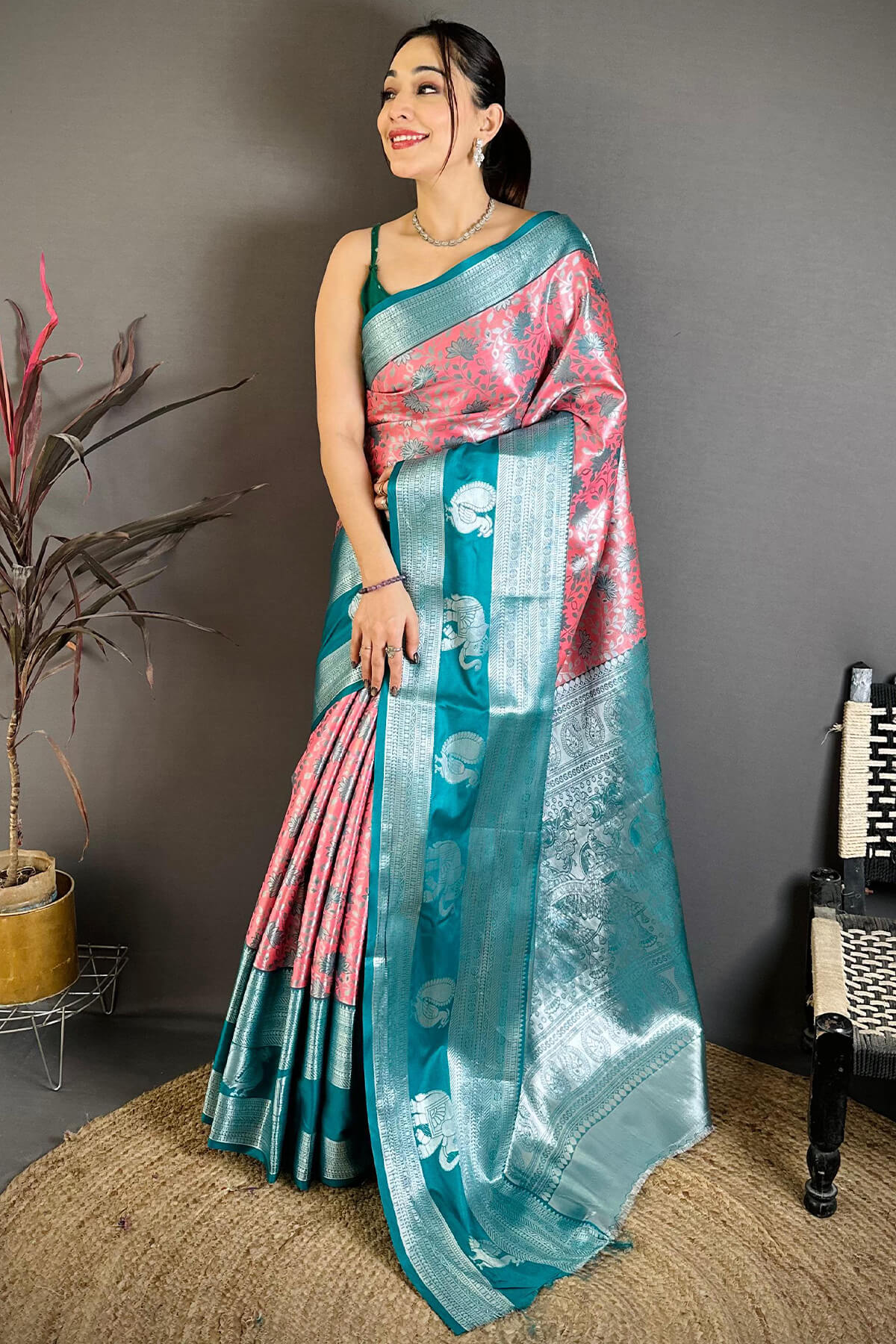 Lagniappe Peach Kanjivaram Silk Saree With Piquant Blouse Piece