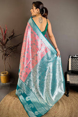 Lagniappe Peach Kanjivaram Silk Saree With Piquant Blouse Piece