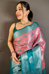 Lagniappe Peach Kanjivaram Silk Saree With Piquant Blouse Piece