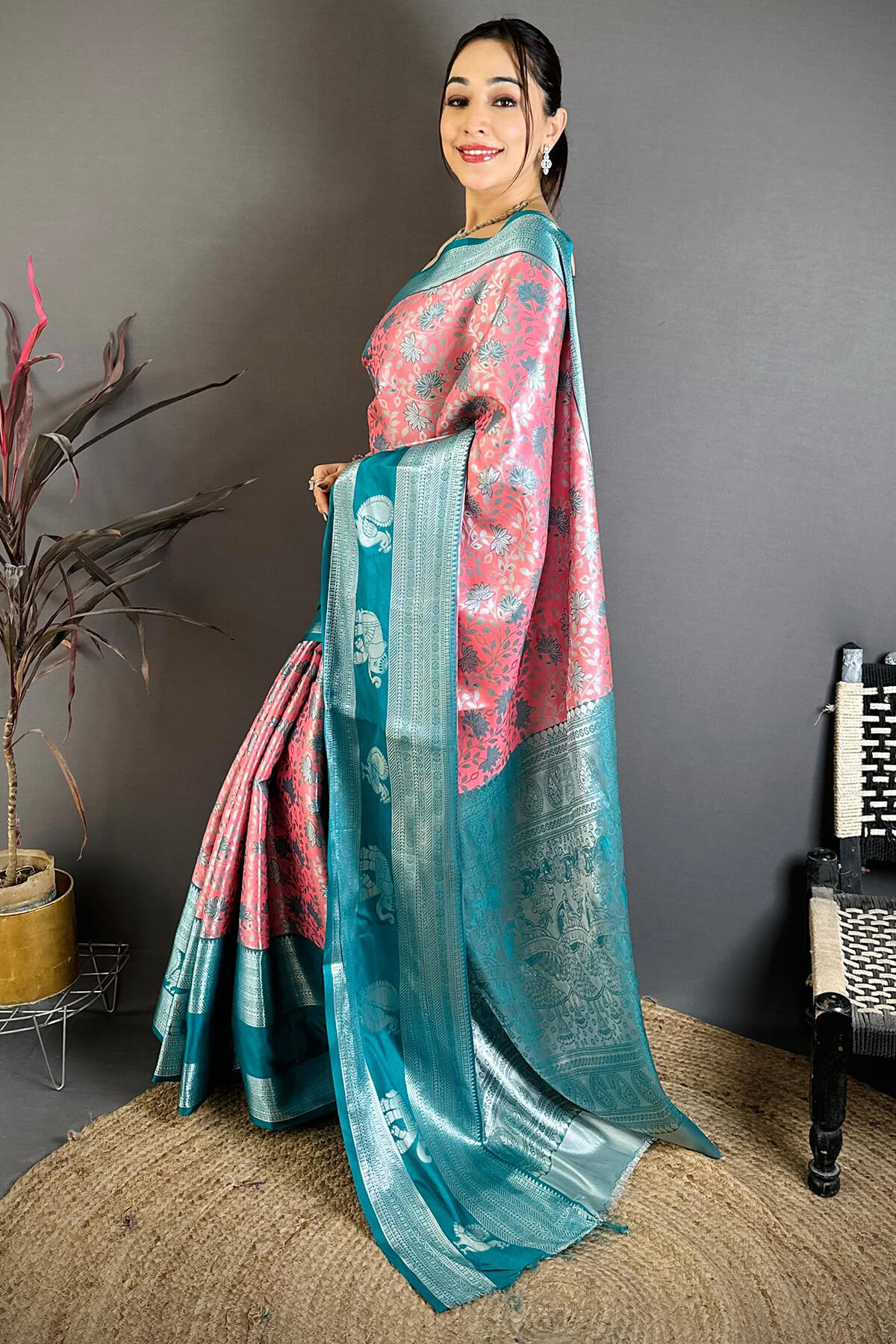 Lagniappe Peach Kanjivaram Silk Saree With Piquant Blouse Piece