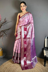 Classic Pink Kanjivaram Silk Saree With Ethnic Blouse Piece