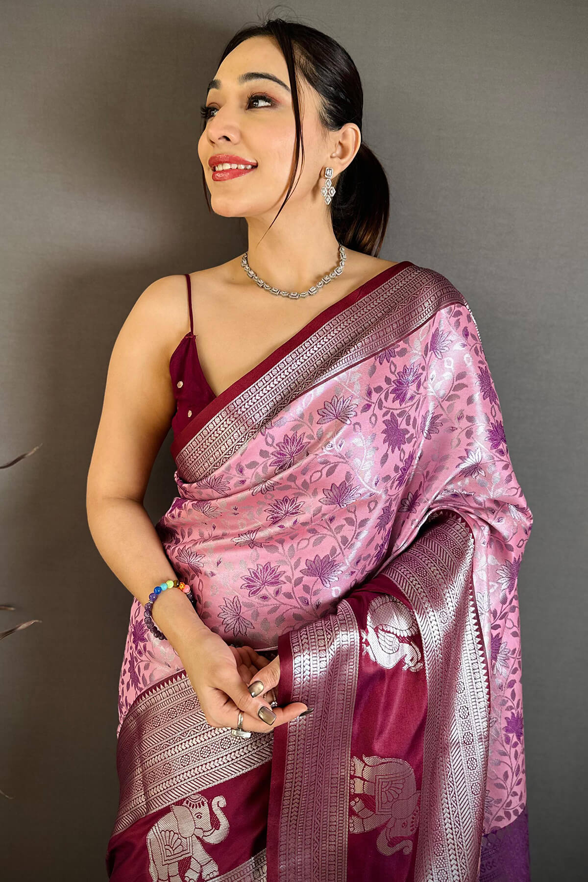 Classic Pink Kanjivaram Silk Saree With Ethnic Blouse Piece