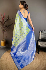 Blissful Pista Kanjivaram Silk Saree With Tremendous Blouse Piece