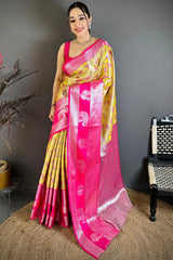 Pulsating Yellow Kanjivaram Silk Saree With Adoring Blouse Piece