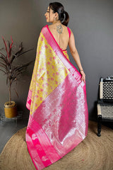 Pulsating Yellow Kanjivaram Silk Saree With Adoring Blouse Piece