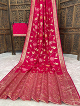 Most Flattering Dark Pink Banarasi Dola Silk Saree With Desultory Blouse Piece