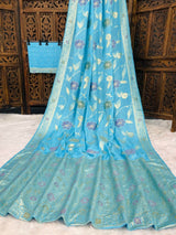 Demesne Sky Banarasi Dola Silk Saree With Sizzling Blouse Piece