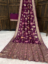 Exquisite Wine Banarasi Dola Silk Saree With Panache Blouse Piece