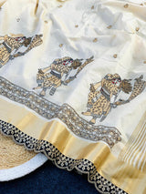 Snazzy Off White Kalamkari Thread Work Tussar Silk Saree With Opulent Blouse Piece
