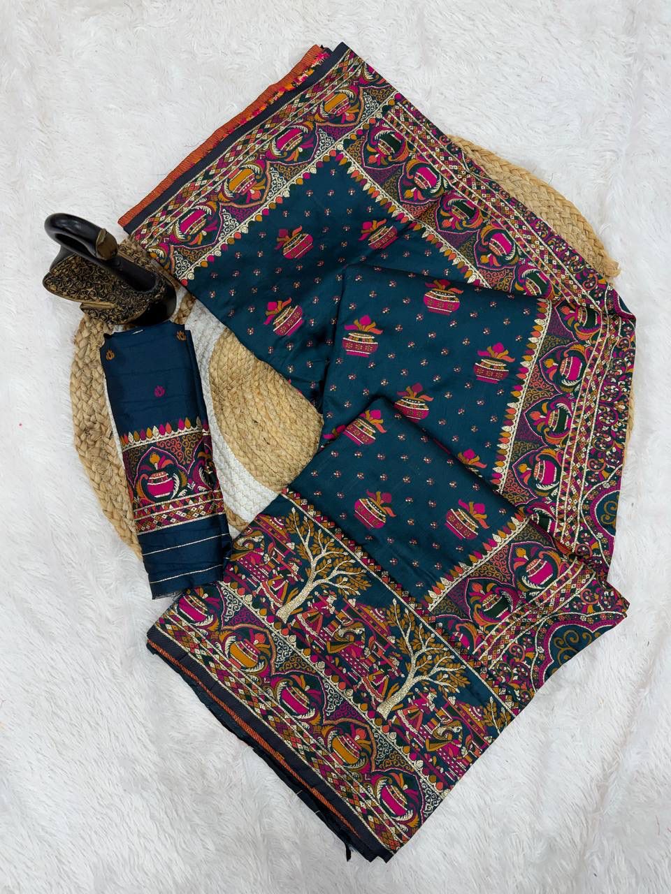 Marvellous Navy Blue Pashmina Saree With Elaborate Blouse Piece