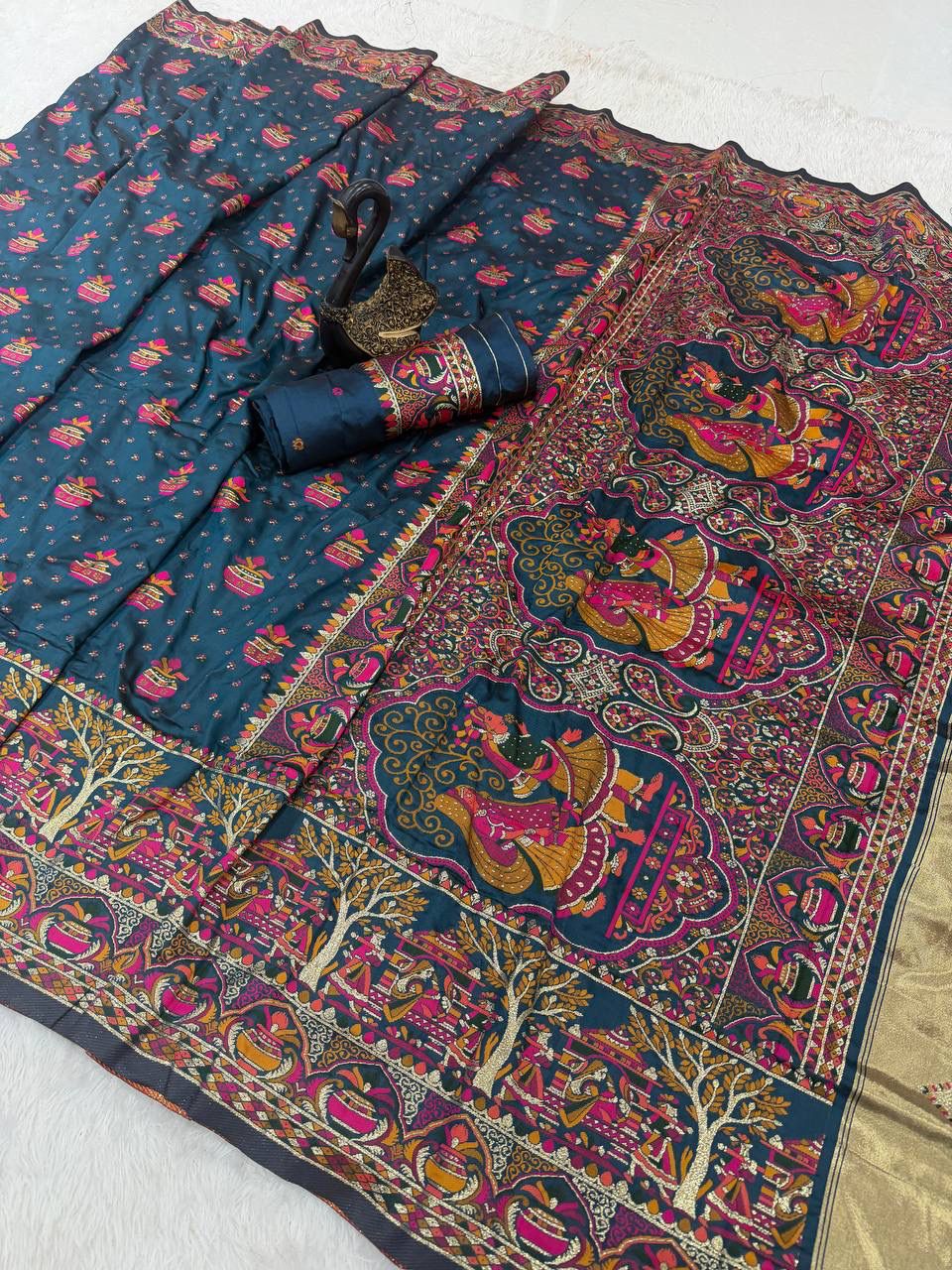 Marvellous Navy Blue Pashmina Saree With Elaborate Blouse Piece