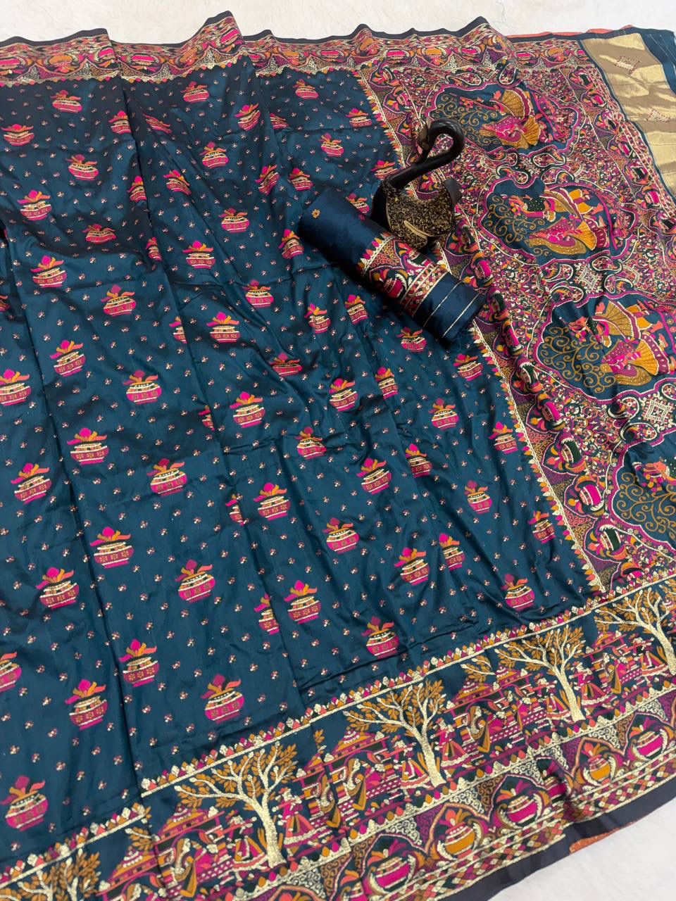 Marvellous Navy Blue Pashmina Saree With Elaborate Blouse Piece