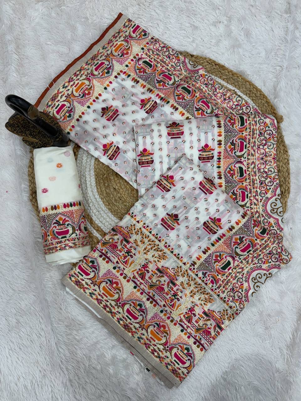 Ebullience Off White Pashmina Saree With Surpassing Blouse Piece