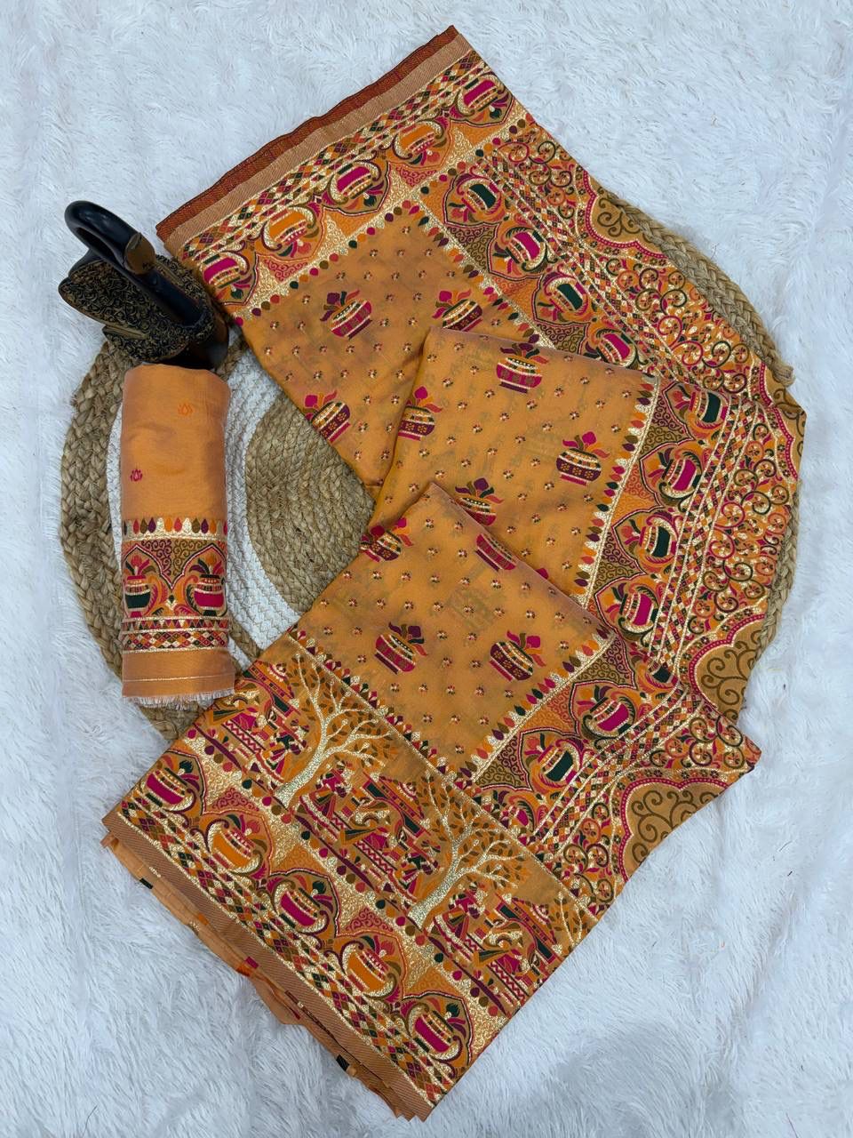 Scintillating Yellow Pashmina Saree With Smart Blouse Piece