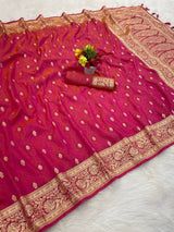 Aplomb Dark Pink Pure Zari Weaving Banarasi Silk Saree With Flattering Blouse Piece