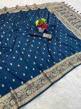 Desuetude Navy Blue Pure Zari Weaving Banarasi Silk Saree With Flaunt Blouse Piece