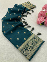 Stunning Rama Pure Zari Weaving Banarasi Silk Saree With Quixotic Blouse Piece
