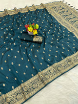 Stunning Rama Pure Zari Weaving Banarasi Silk Saree With Quixotic Blouse Piece