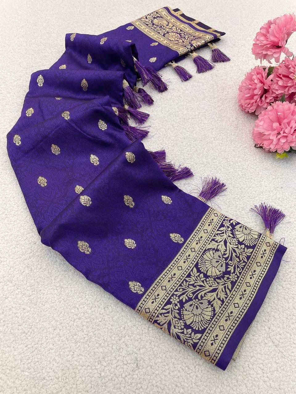 Prettiest Royal Purple Pure Zari Weaving Banarasi Silk Saree With Elegant Blouse Piece