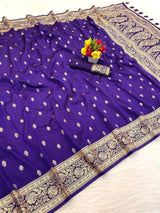 Prettiest Royal Purple Pure Zari Weaving Banarasi Silk Saree With Elegant Blouse Piece