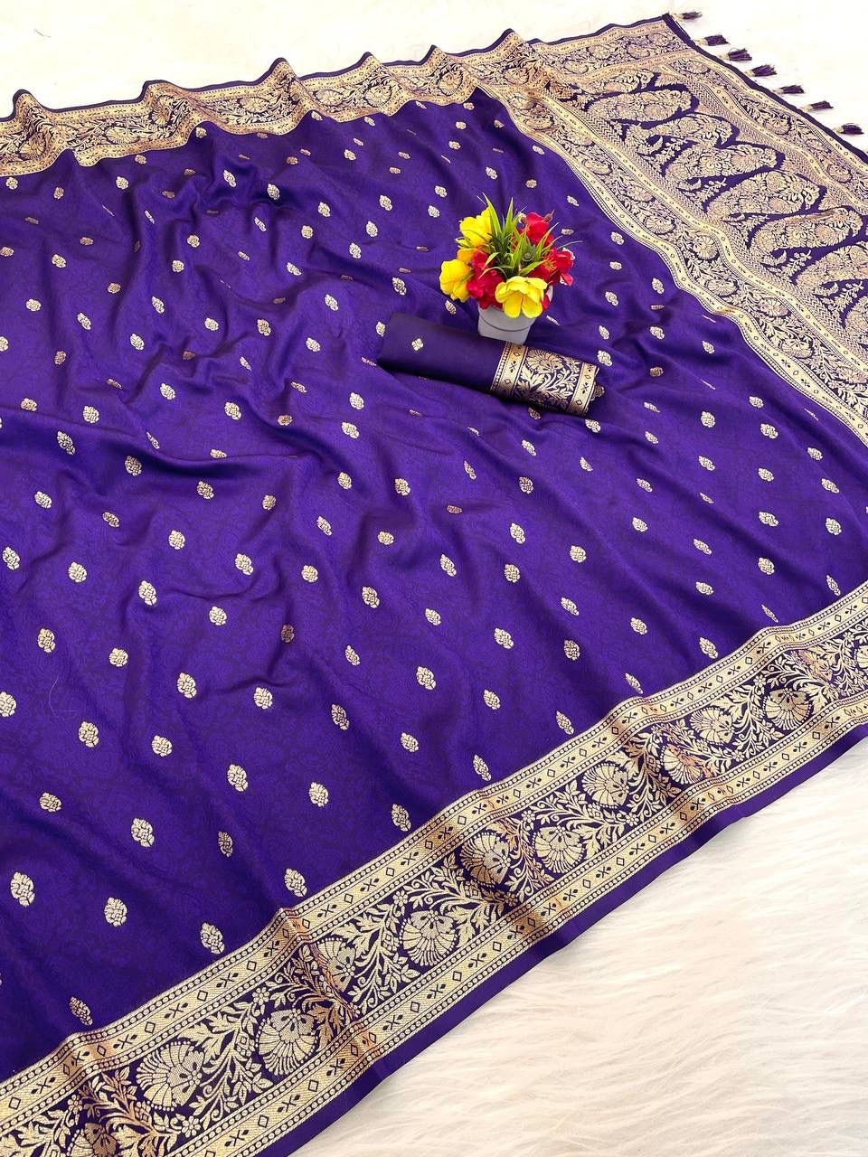 Prettiest Royal Purple Pure Zari Weaving Banarasi Silk Saree With Elegant Blouse Piece