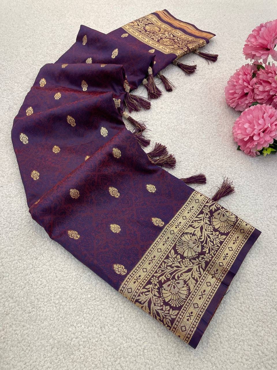 Assemblage Wine Pure Zari Weaving Banarasi Silk Saree With Fragrant Blouse Piece