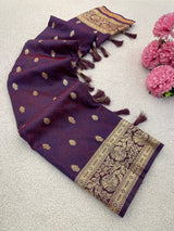 Assemblage Wine Pure Zari Weaving Banarasi Silk Saree With Fragrant Blouse Piece