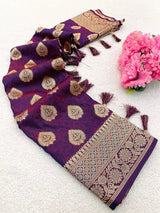 Radiant Wine Pure Zari Weaving Banarasi Silk Saree With Unique Blouse Piece