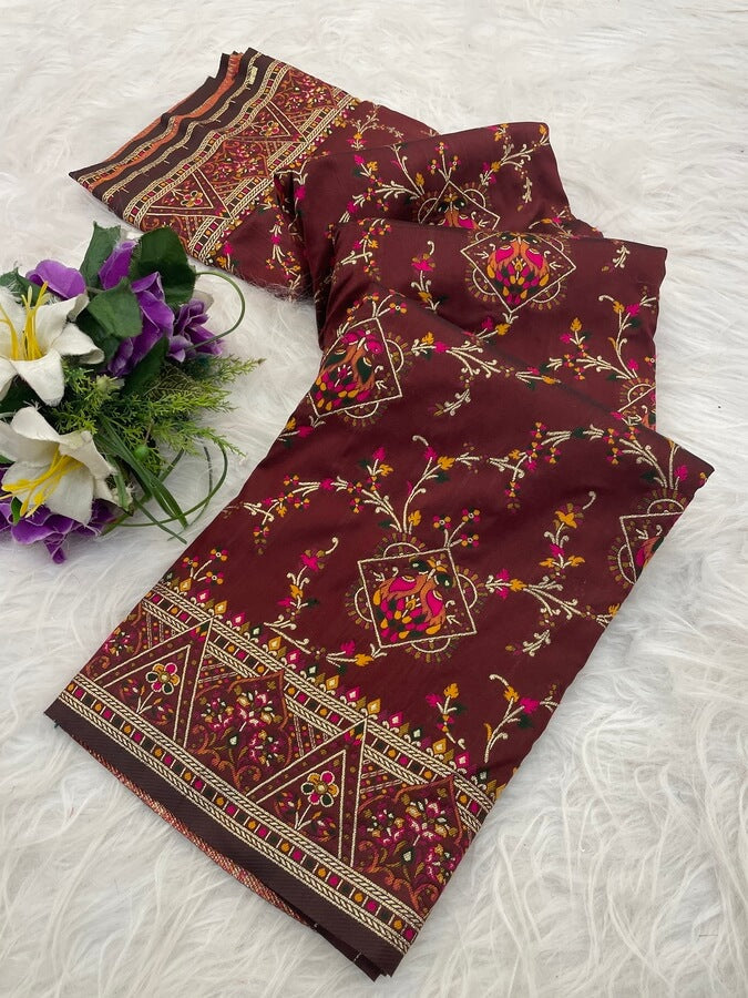 Charismatic Brown Pashmina Saree With Enchanting Blouse Piece