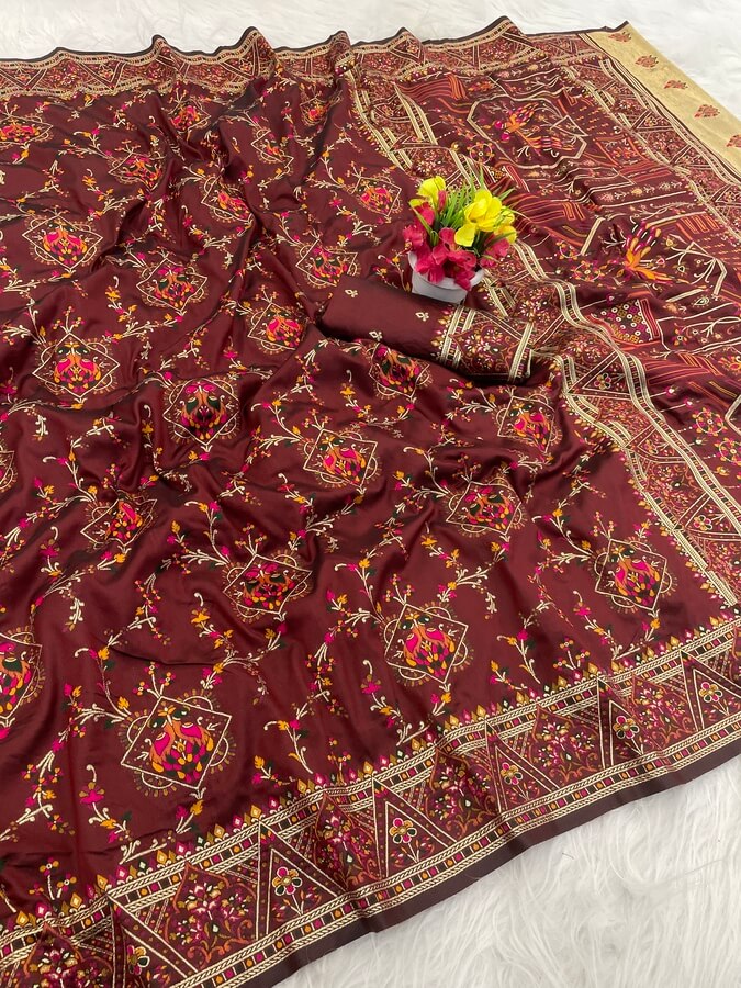 Charismatic Brown Pashmina Saree With Enchanting Blouse Piece
