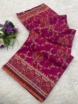 Glittering Dark Pink Pashmina Saree With Demanding Blouse Piece